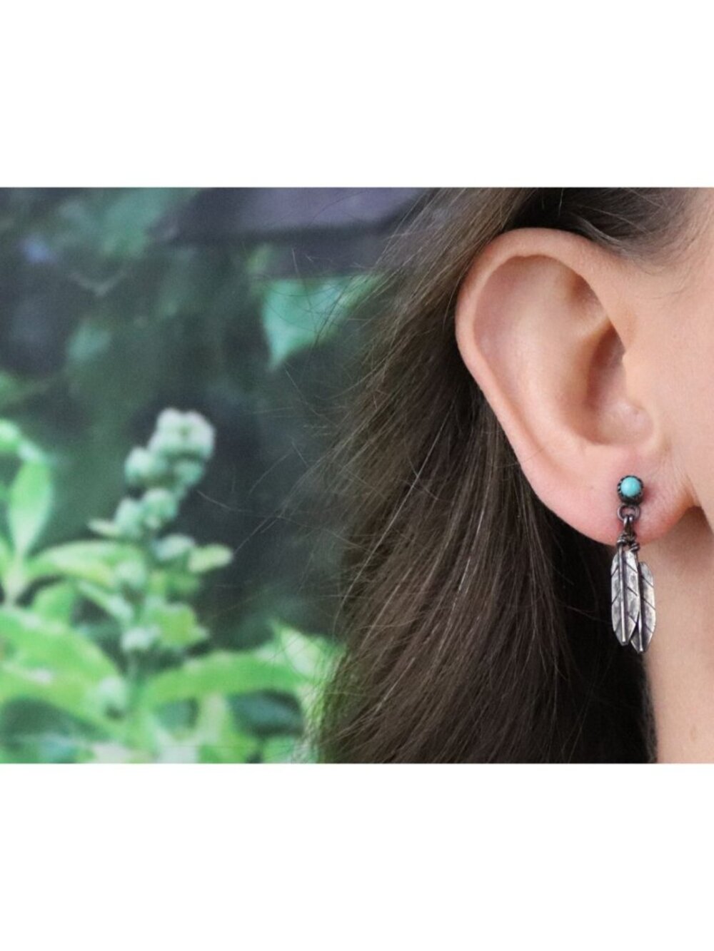 Sterling Silver Turquoise Leaf Earrings Dangle Drop 1 1/8" x 3/8" - Picture 3 of 7